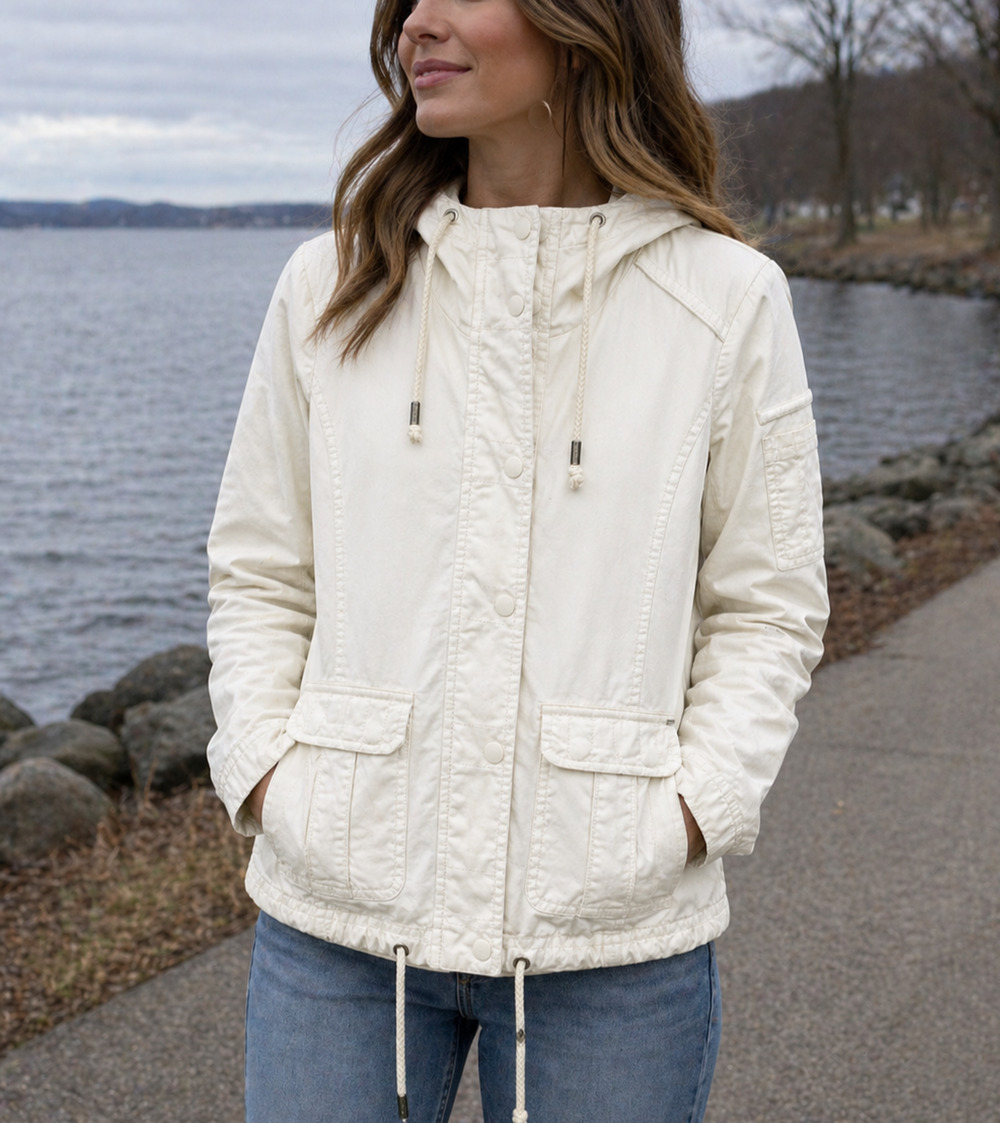 Garage Utility Jacket Womens XS Hooded Field Coat Cream Zip Snap Casual